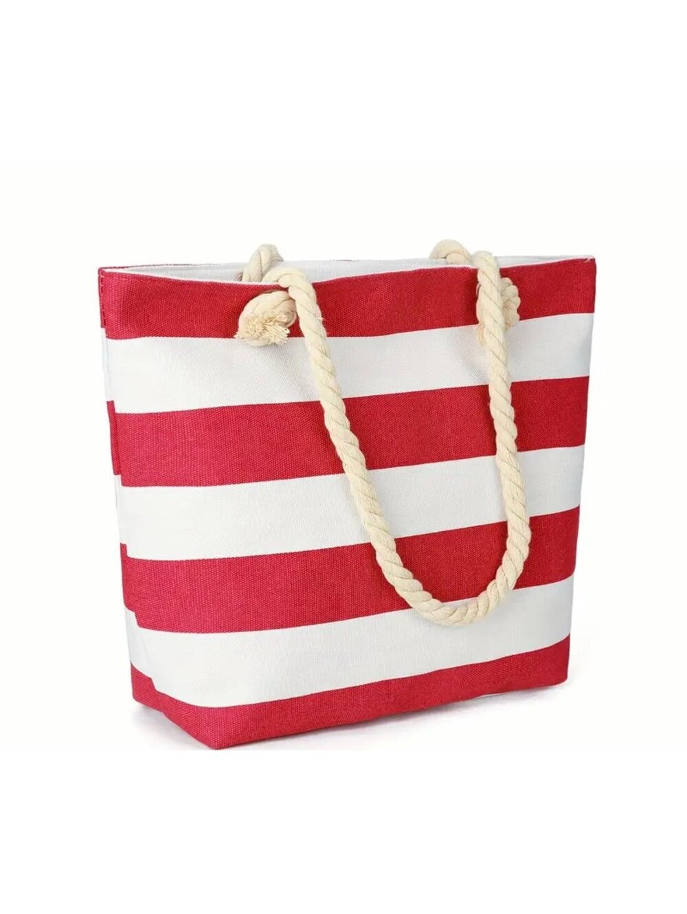 New - Fun ! Large Capacity Striped Canvas Tote Bag with Rope Handles -Red/White